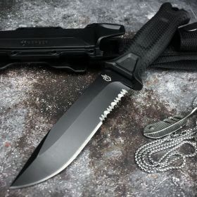 Outdoor Survival Straight Knife Collection Self Defense (Option: Black Half Teeth)