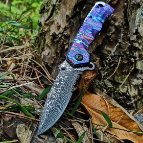 Stainless Steel Outdoor Tool Damascus Grain Folding Blade Knife (Option: A)